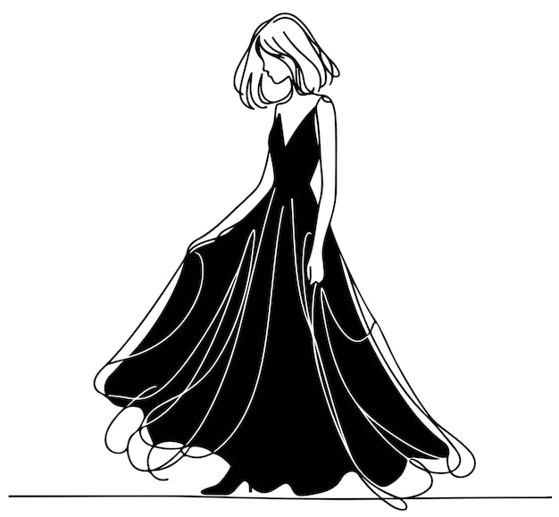 ベクトル 長い黒いドレスを着た美しい女性 ラインアート 絵画 スタイル ファッション