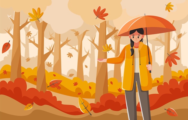 Vector beautiful woman is enjoying the beauty of the fallen leaves in autumn