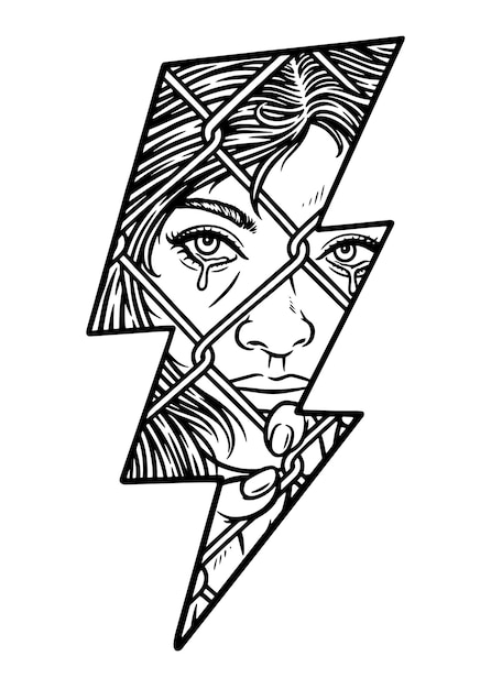 beautiful woman is sad and lightning shape line illustration