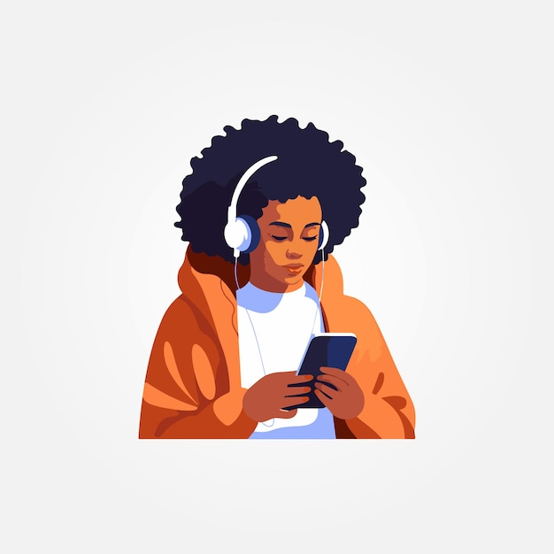 Vector beautiful woman listening to music and using cell phone