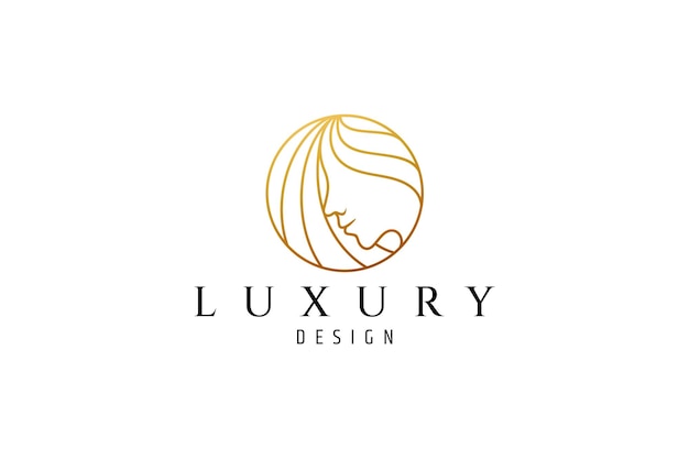 Beautiful woman logo in circle frame with golden color suitable for beauty cosmetics salon and spa