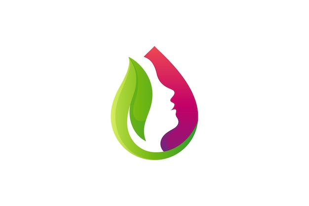 Beautiful woman logo design and natural leaf in water drop shape