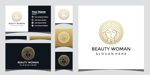 Beautiful woman logo with beautiful face line art style and business card design.