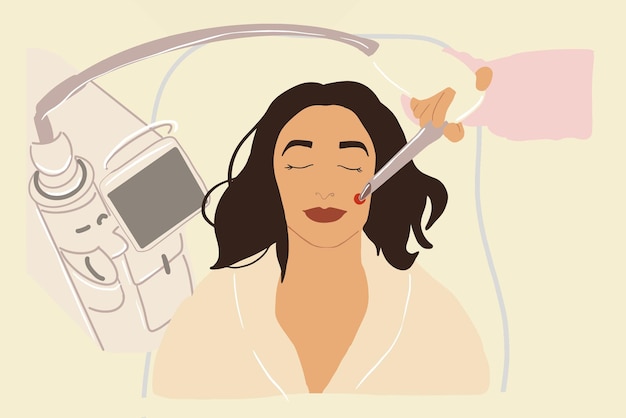 Vettore bella donna sdraiata su una sedia per cosmetologia facendo un sollevamento laser della pelle sul viso concetto antiage stile piatto in toni pastello illustrazione vettoriale