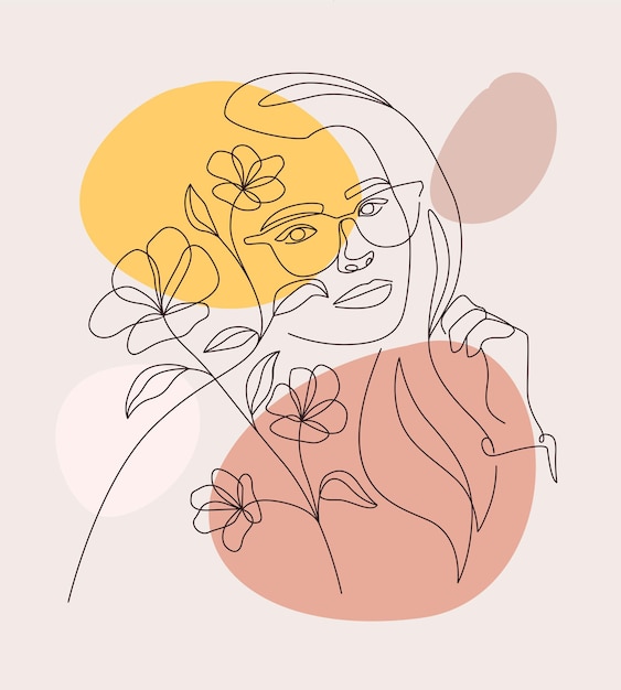 Vector beautiful woman and minimally drawn flowers in line art style