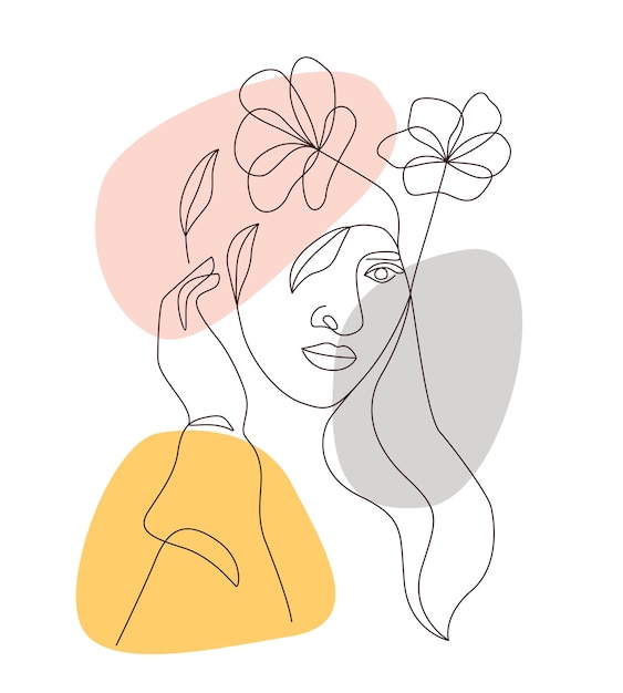 Vector beautiful woman and minimally drawn flowers in line art style