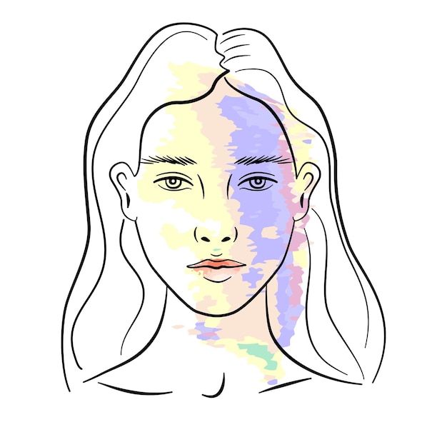 Beautiful woman portrait in minimalistic style. Female face outline with neon colour features.