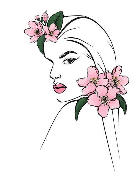 Beautiful woman portrait with spring blossom Vector fashion illustration