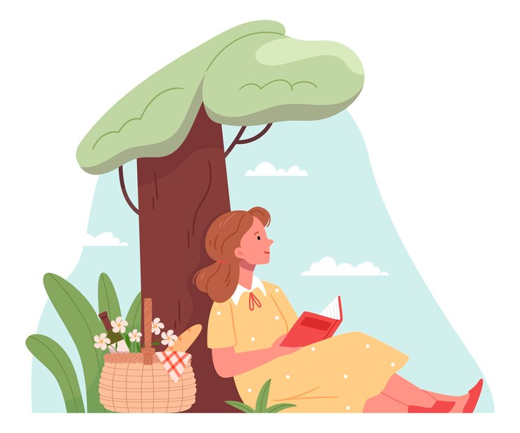 Vector beautiful woman reading sitting under tree in a shady atmosphere under the trees at the garden