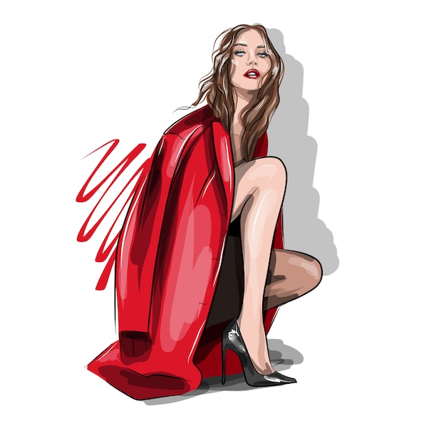 Vector beautiful woman in a red jacket and high heels. girl posing sitting. beautiful girl of model appearance. fashion and style.