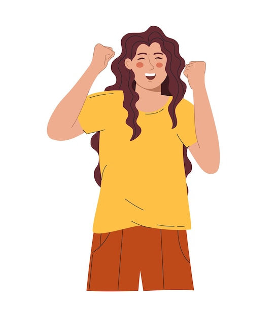 Vector a beautiful woman rejoices and raises her hands up vector illustration flat