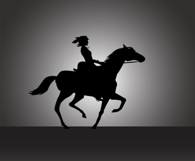 Beautiful woman in retro dress riding horse at a gait side view detailed silhouette