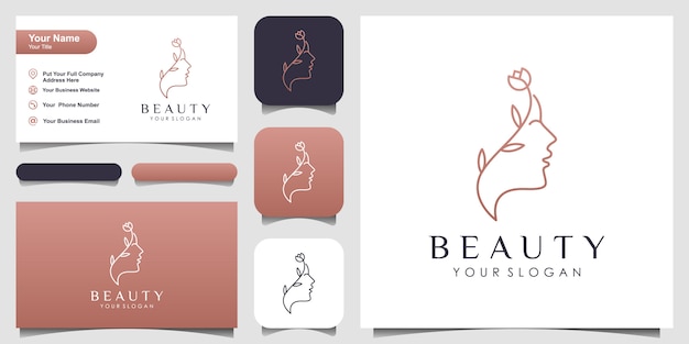 Beautiful woman's face combine flower with line art style logo and business card design.