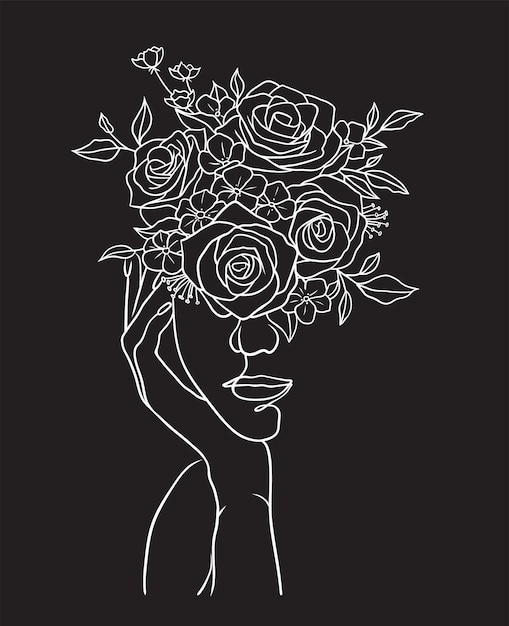 Vector beautiful woman's face with flowers black and white illustration on black background