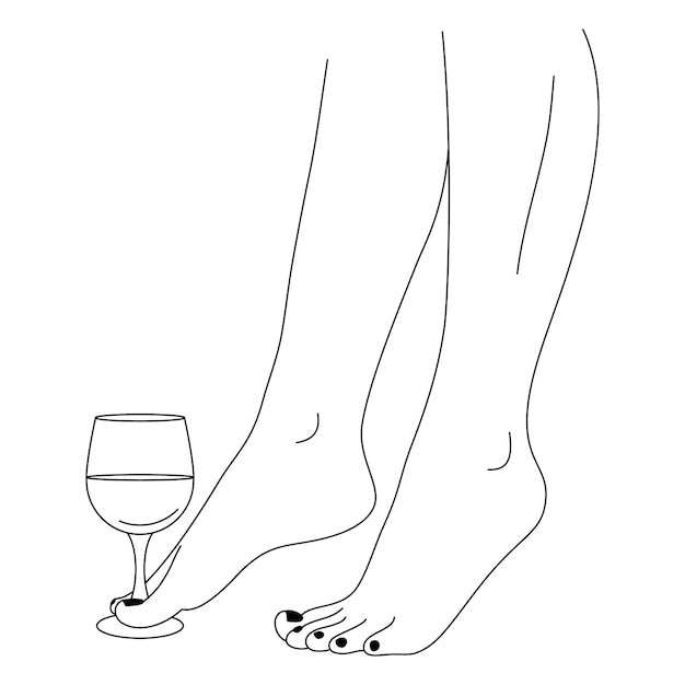 Gambe e bicchiere di vino della bella donna in stile lineare minimale alla moda. vector line art corpo femminile per poster, copertine, stampa t-shirt, post sui social media, tatuaggi