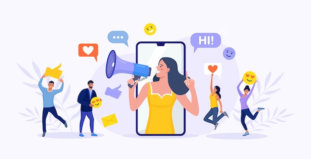 Beautiful woman shouting in megaphone and young people, followers surrounding her with social media icons. influencer or blogger on phone screen. internet marketing, social network promotion, smm.