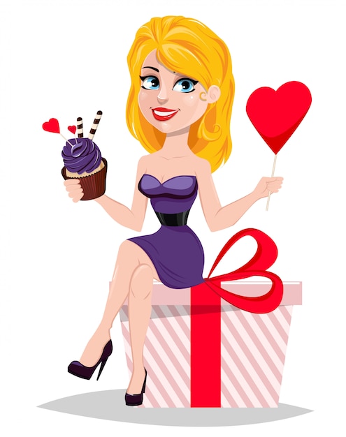 Vector beautiful woman sitting on big gift box