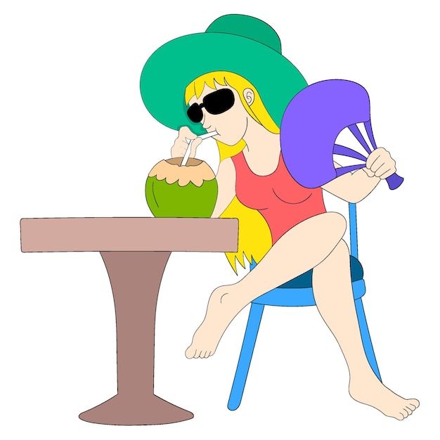 Vector beautiful woman sitting drinking fresh young coconut in hot weather