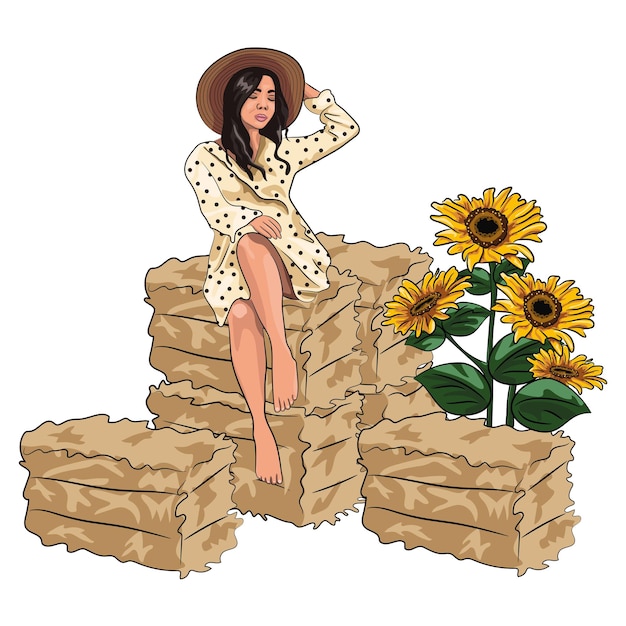 Beautiful woman sitting on hay bales cartoon hand drawn illustration. rural lifestyle drawing