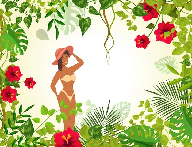 ベクトル 熱帯の背景コピー スペースに立っている美しい女性
