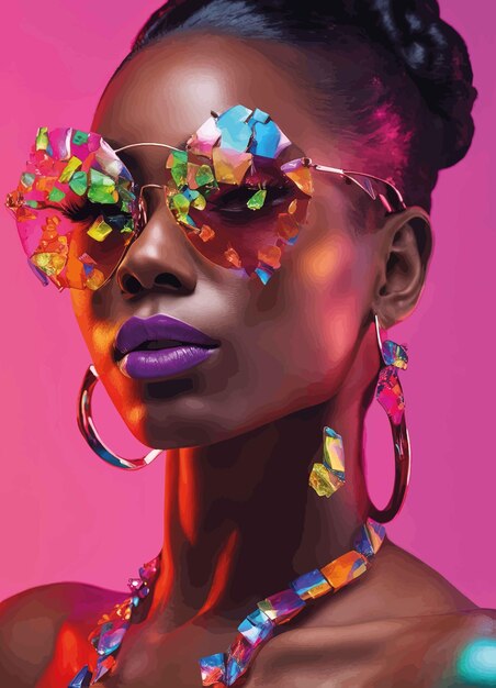 Vector beautiful woman in sunglasses with colorful lipstick and colorful makeupbeautiful woman in sunglasse