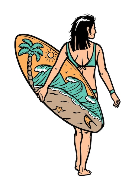 Vettore bella donna e illustrazione della tavola da surf