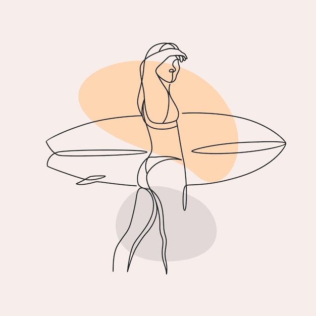 Beautiful woman surfing summer in line art style