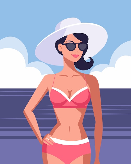 beautiful woman in swimsuit and hat on the beach summer time vacation and travel concept
