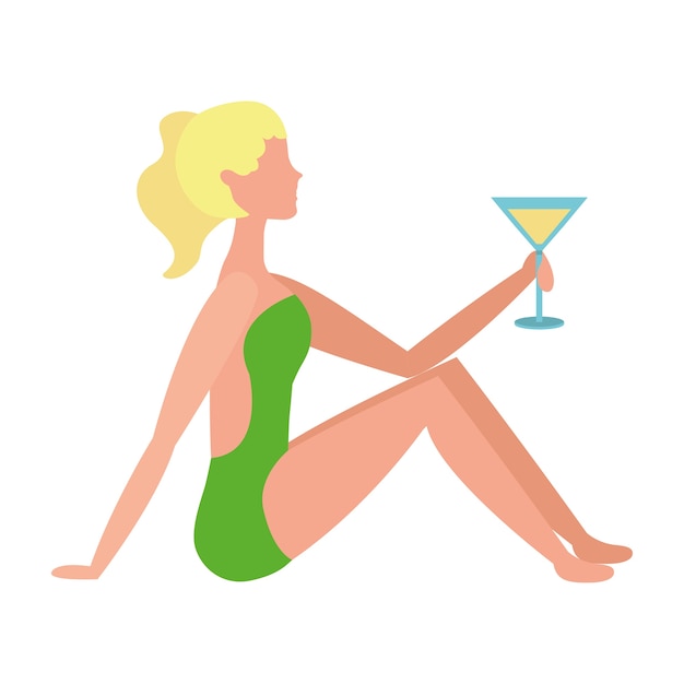 Vector beautiful woman in swimsuit with cocktail