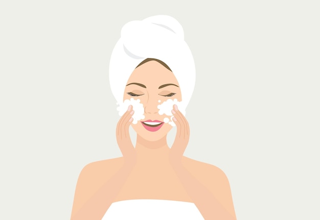 Vector beautiful woman washing her face with bubble water vector illustration beauty routine concept