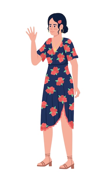 Vector beautiful woman waving hand semi flat color vector character