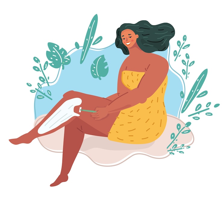 Vector beautiful woman wearing bath towel shaves her legs with a safety razor