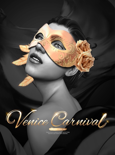 Vector beautiful woman wearing golden mask and black fabrics