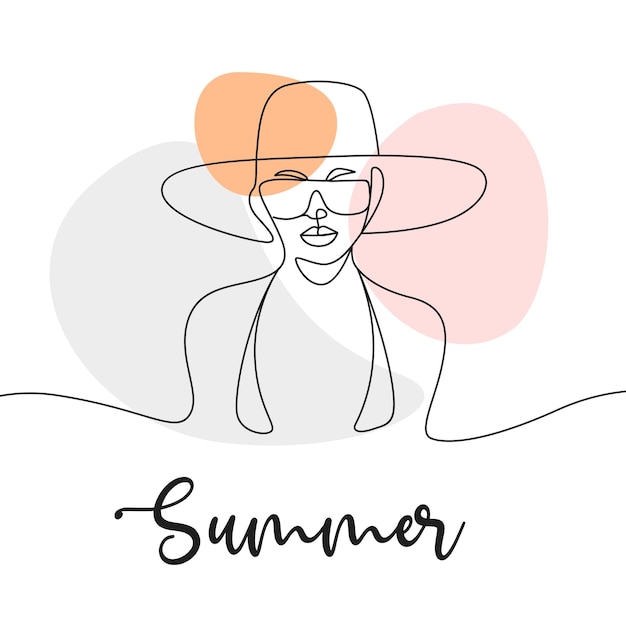 Beautiful woman wearing summer hat in line art style