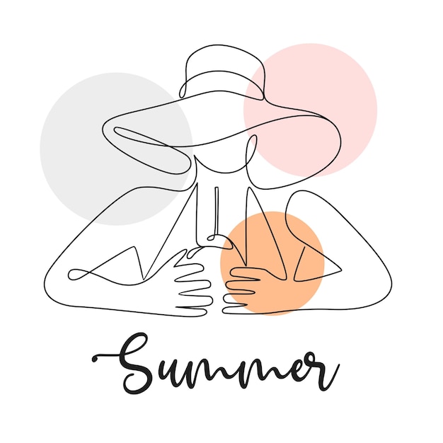 라인 아트 스타일로 여름 모자를 쓰고 있는 아름다운 여성