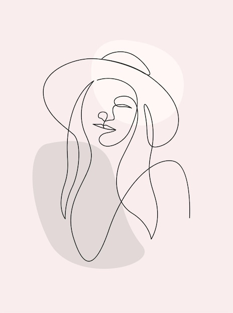 Beautiful woman wearing summer hat in line art style