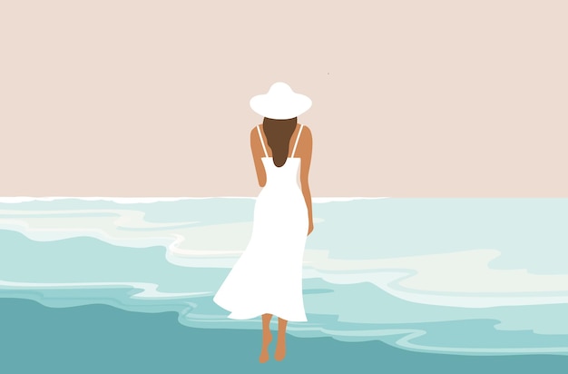 Bella donna in abito bianco sulla spiaggia illustrazione vettoriale vacanze estive concetto di spiaggia