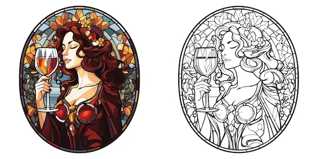 Beautiful Woman and Wine Glass Coloring Page in Stained Glass Style Flat Color Vector
