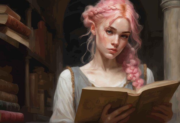 Vettore bella donna con un libro nei capelli una fantasia favola arte pittura arte pittura digitalep