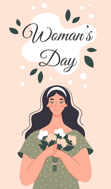 花の花束を持つ美しい女性。女性の日のポストカード。フラットスタイルのイラスト