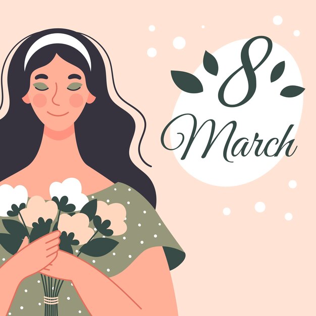 Beautiful woman with a bouquet of flowers. postcard for women's day. illustration in flat style