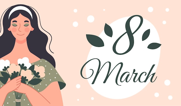 beautiful woman with a bouquet of flowers. postcard for women's day. illustration in flat style