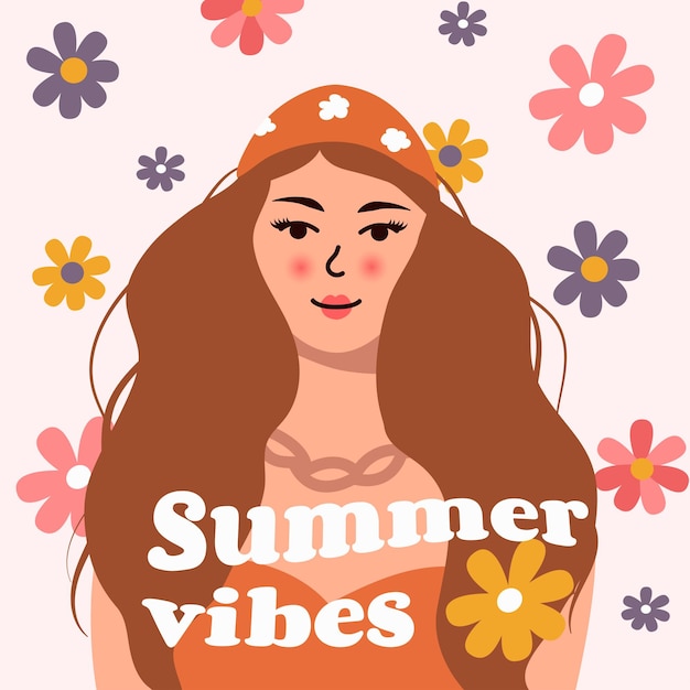 beautiful woman with brown hair on a background of flowers and summer vibes text