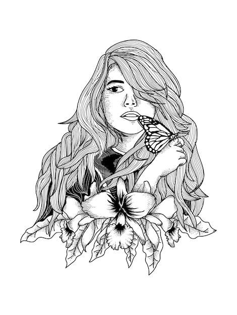 Vector beautiful woman with butterflies and flowers