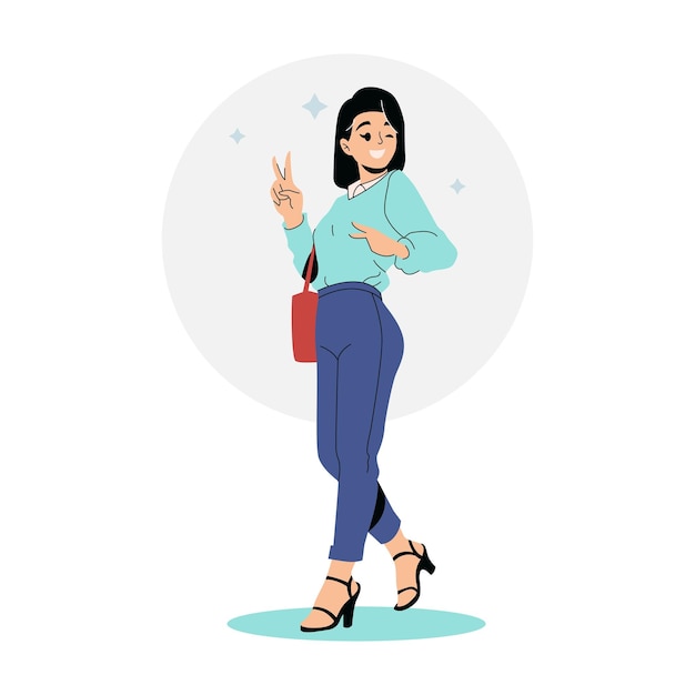 Vector beautiful woman with cheerful face and fashionable clothes flat style