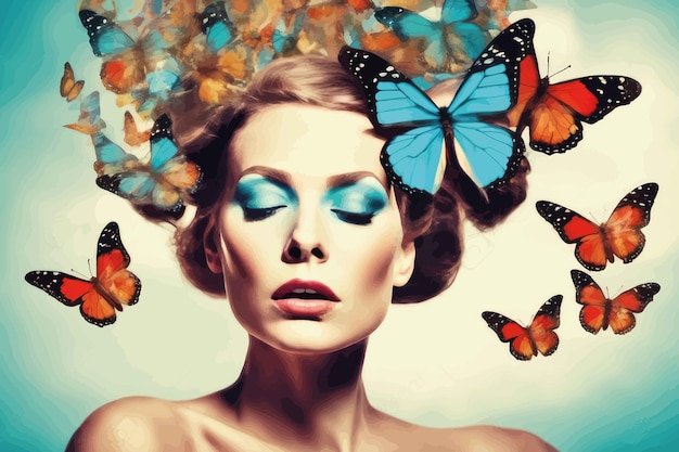 Vector beautiful woman with colorful butterflybeautiful woman with colorful butterflybeautiful woman with b