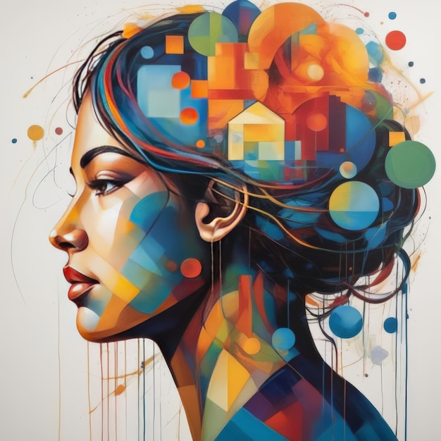 a beautiful woman with a colorful head a pattern a picture with a brush in the background bea