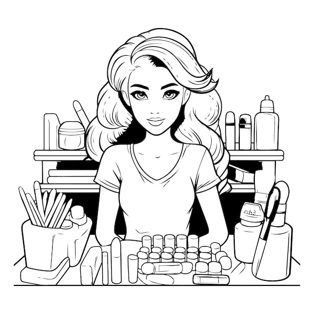 Vector beautiful woman with cosmetics in her hand vector illustration in black and white