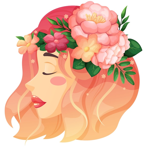 벡터 머리에 꽃 화 환을 가진 아름 다운 여자 분홍색 모란 꽃 소녀와 여자