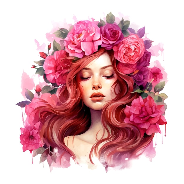 머리카락에 꽃과 장미의 꽃받침을 가진 아름다운 여자